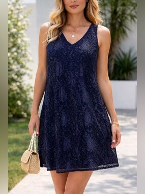 Navy Paisley Lace Shift Dress Size S Sleeveless Lined Wedding Guest Boho Chic